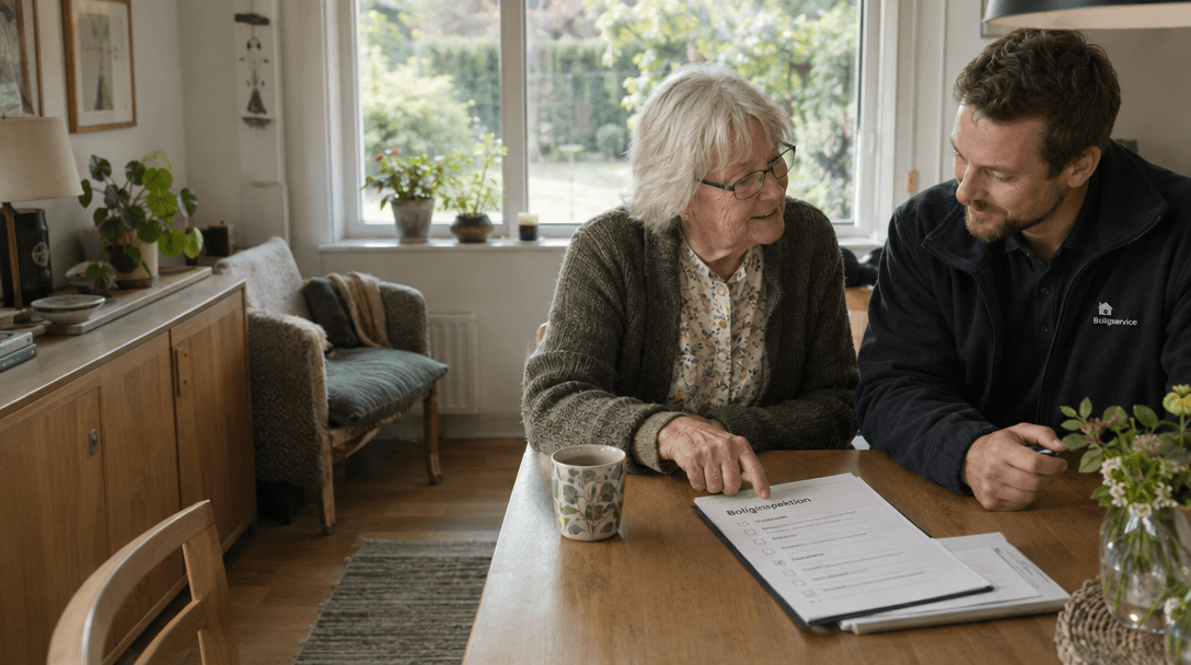 En boligejer og en servicepartner gennemgår boligens vedligehold ved køkkenbordet.
